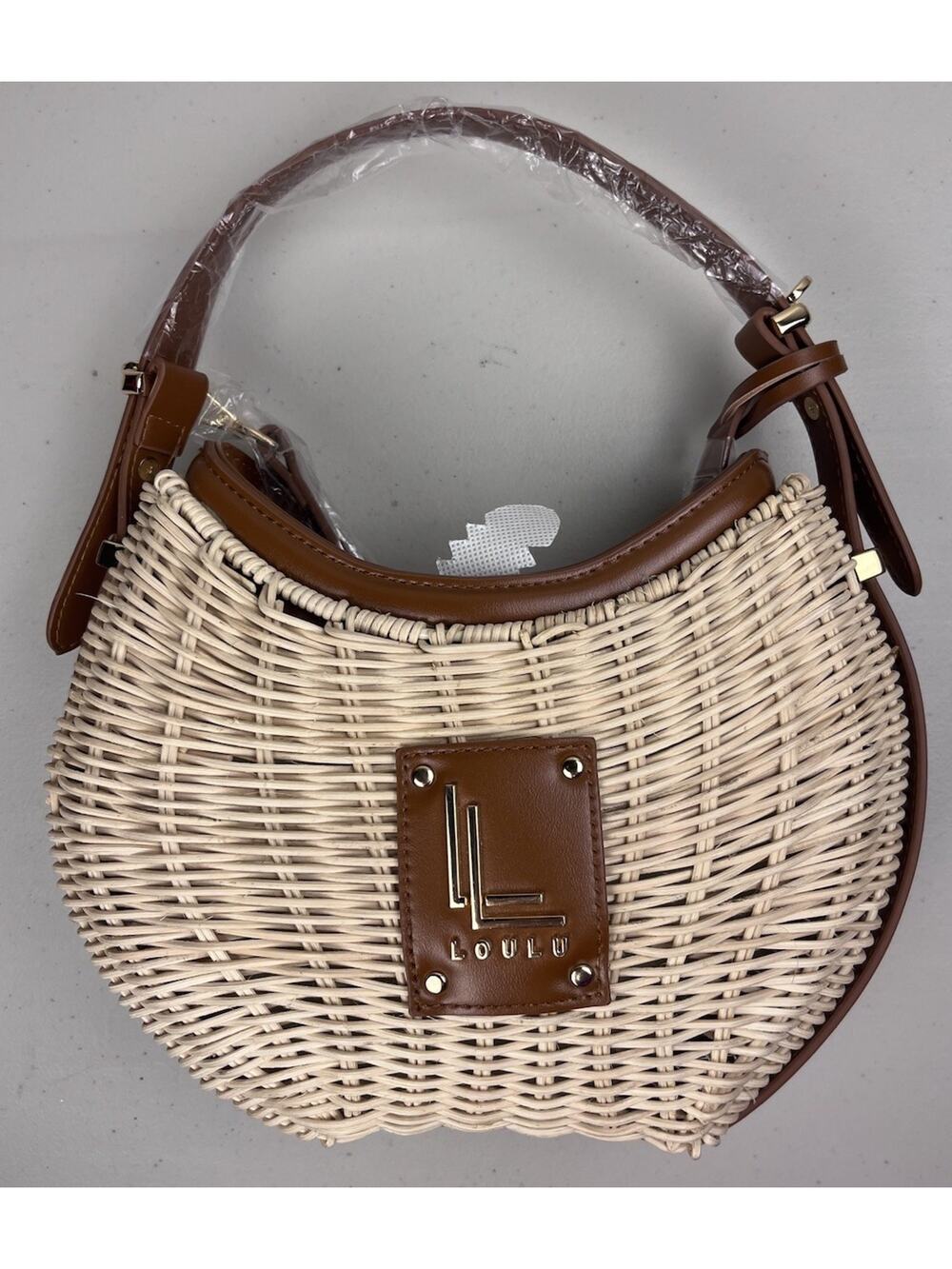 LOULU Woven Rattan Straw Saddle Bag Brown Faux Leather Handle Boho Purse